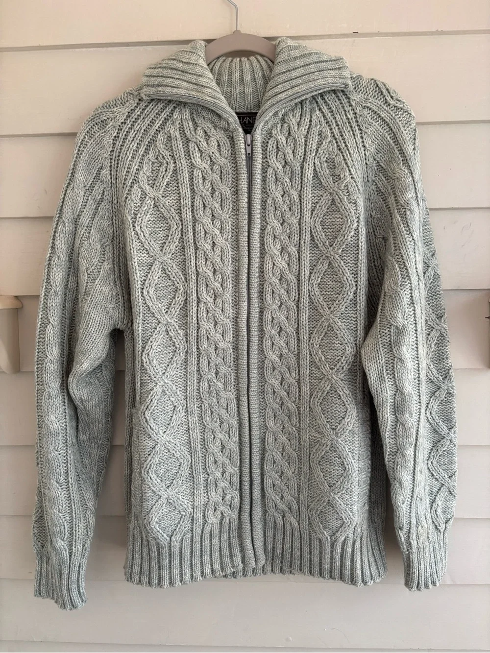 Thane Vintage Chunky Cable Knit Full Zip Sweater Mint Heather Men’s Size Large